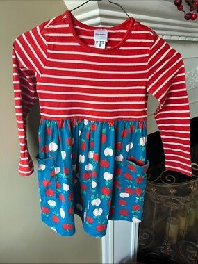 Hanna Andersson Girls Red Striped Top Blue Apple Dress Back to School Size 5 110